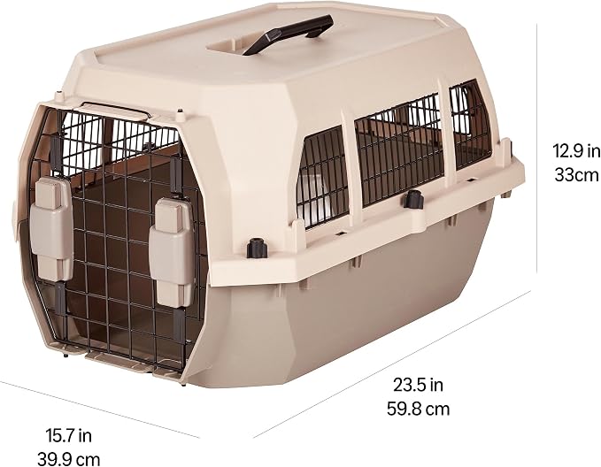 Amazon Basics Hard-Sided Dog and Cat Kennel, Single-Door Travel Pet Carrier with Metal Wire Ventilation, 23.6"L x 15.7"W x 13"H, Beige