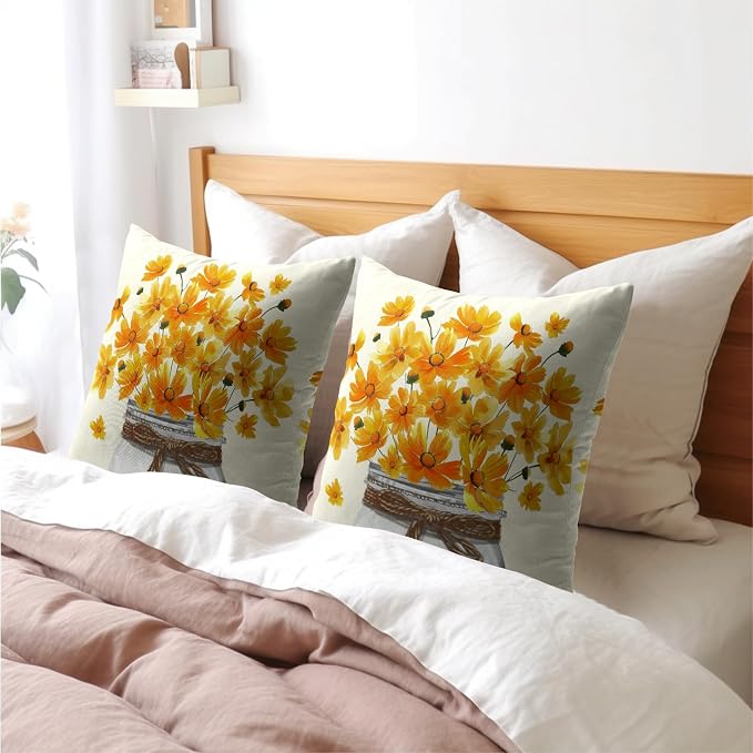 Kawani Spring Yellow Floral Pillow Covers 22x22 Pack of 2 Coreopsis Flower Mason Jar Double Side Print Pillowcases Cotton Linen Square Cushion Cover for Couch Sofa Bed Living Room Decor