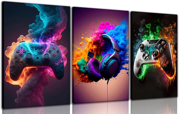 BGFCE Gaming Room Decor Canvas Wall Art Set of 3 - Cool Video Gaming Theme Wall Decor, Gamer Paintings Picture Print for Teen Boys Room 16x24 inch Framed
