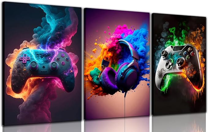 BGFCE Gaming Room Decor Canvas Wall Art Set of 3 - Cool Video Gaming Theme Wall Decor, Gamer Paintings Picture Print for Teen Boys Room 12x16 inch Framed