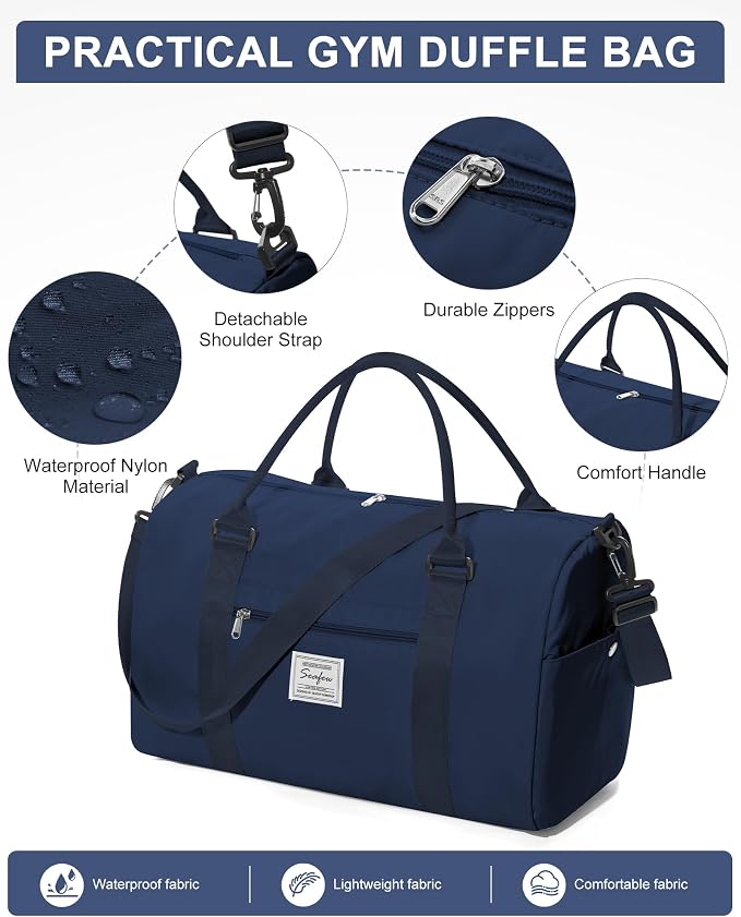 Gym Bag Womens Mens with Shoes Compartment and Wet Pocket Travel Duffel Bag for Women for Plane Sport Gym Tote Bags with Toiletry Bag Waterproof Weekend Overnight Carry on Bag Hospital Holdalls