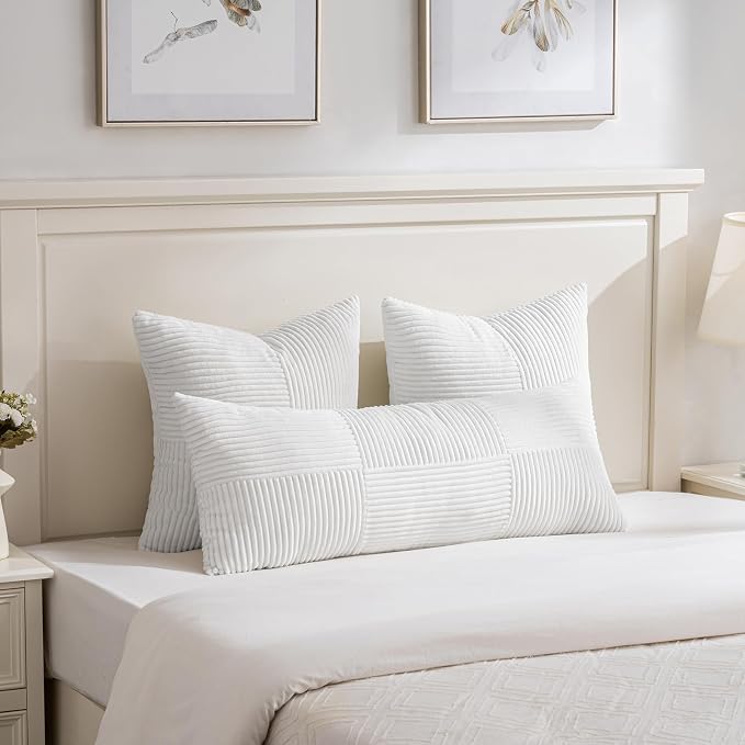Fancy Homi Set of 1 White Boho Long Lumbar Body Decorative Throw Pillow Cover 21x54 Inch for Bed Couch Bedroom Bench, Soft Patchwork Corduroy Textured Pillow Case, Rustic Farmhouse Room Decor