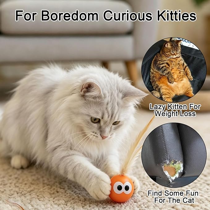 Bouncy Cat Toys with Feathers 3-Pack, Interactive Rubber Ball with Goofy Eyes and Natural Tail for Indoor Cats & Kittens, High Elastic Bouncing Toy for Chase Hunt Play