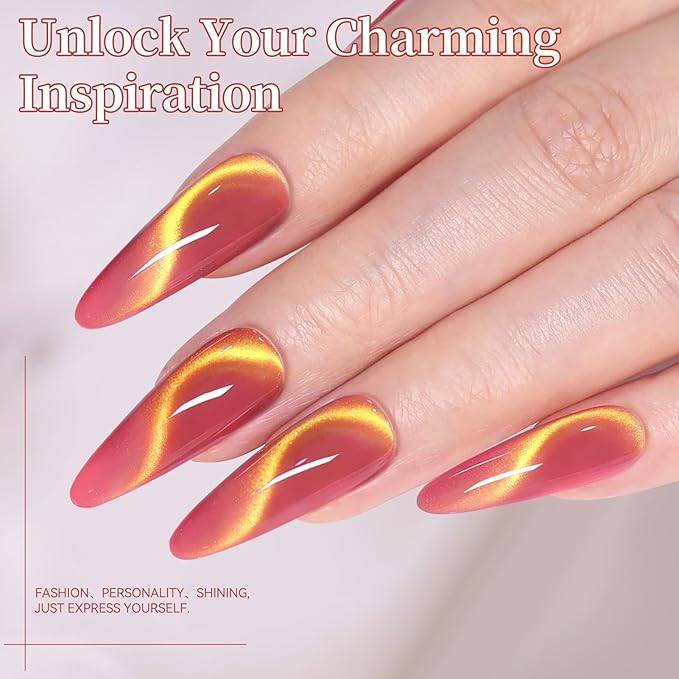 Born Pretty Spring Summer Cat Magnetic Eye Gel Polish,2026 Fruit Golden Pink Holographic Glitter Shimmer Translucent Sheer Magnetic Gel Polish Salon DIY at Home