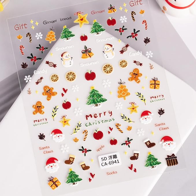 Christmas Nail Stickers for Nail Art, 5D Embossed Self-Adhesive Star Trees Socks Nail Decals, Mushroom Nail Supplies Nail Art Design Accessories for Women and Girls Manicure DIY Decoration