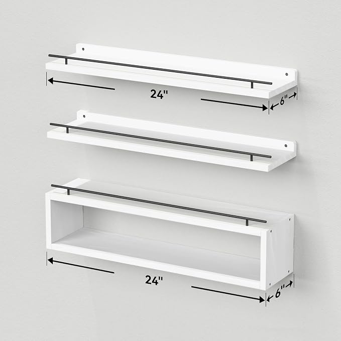 Floating Shelves for Wall 24 inch with Cube Shelf, Wall Shelves with Metal Rail for Bathroom Decor, Bathroom Organizers and Storage, Over Toilet Shelves, Toilet Paper-White