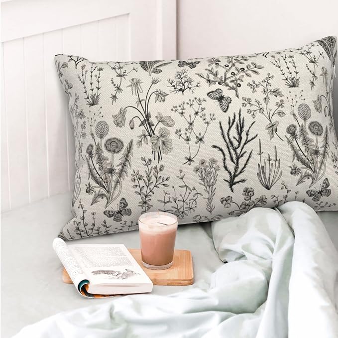 AEIOAE Spring Pillow Covers 12x20 Inch Set of 2,Black Gray Wild Flower Plant Throw Pillows Case,Seasonal Floral Outdoor Decorative Linen Farmhouse Decor Cushion Covers for Home Sofa Bed Couch