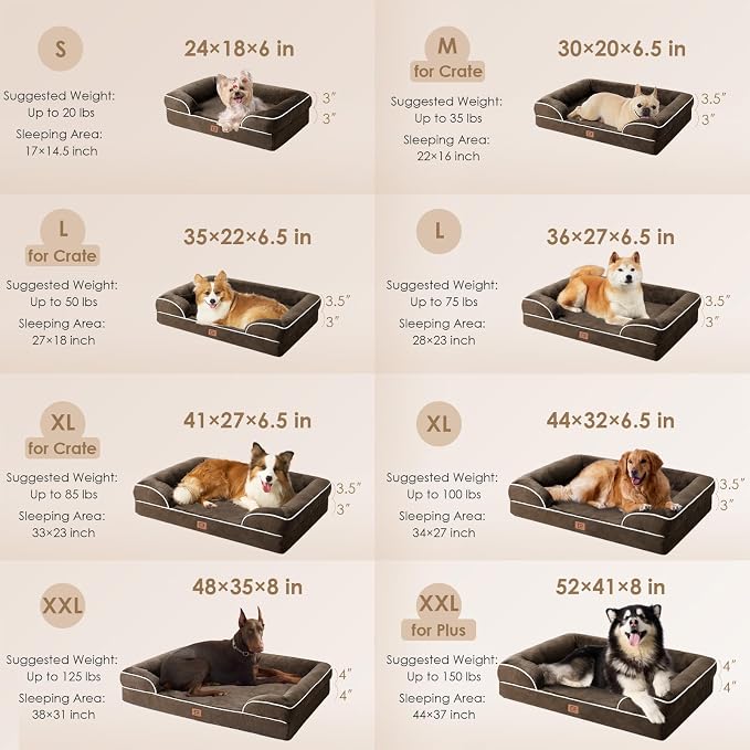EHEYCIGA Orthopedic Extra Large Dog Bed, Waterproof Washable XL Pet Bed 44" | Non-Slip Bottom and Egg-Crate Memory Foam Big Dog Couch Bed with Washable Removable Cover, Brown, 44Inch