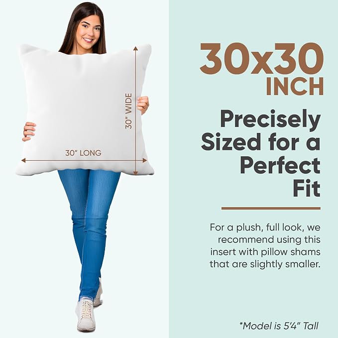 Pillowflex Synthetic Down Pillow Insert 30x30 in - Karate Chop Pillow | Oversized Square Euro Sham Form, Plush Polyester Cotton Blend, Cloud-Like Comfort, Clump-Resistant Fill, Smooth Finish