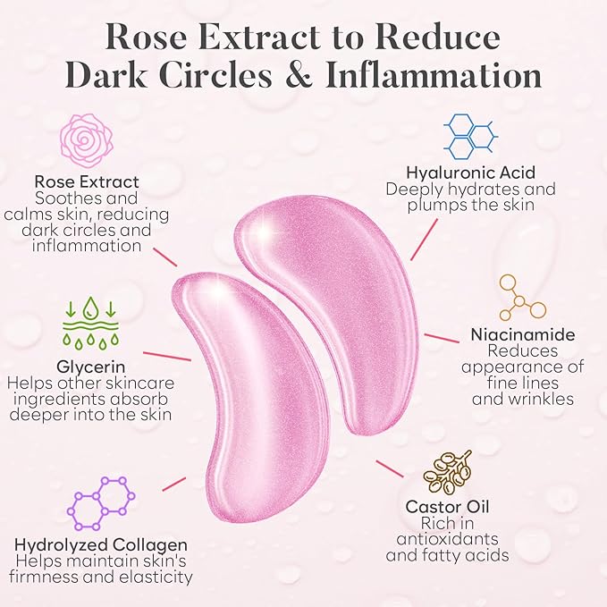 BLOOMORA Rose Under Eye Patches (30 Pairs) - Under Eye Mask for Appearance of Dark Circles - For Puffy Eyes Smoothing - Skincare Mask