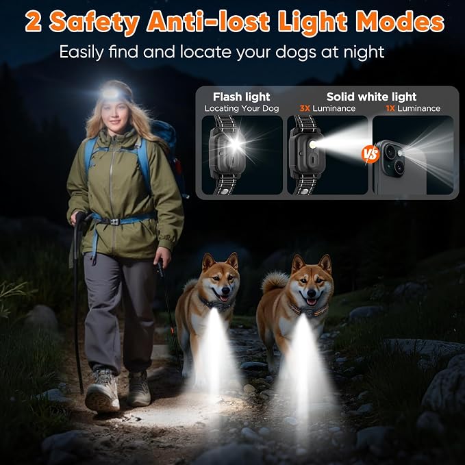 Dog Shock Collar 2 Dogs, 3300ft Dog Training Collar with Remote, Real-time Dual-Channel Remote with 3 Training Modes, Beep, Vibration, Safety Shock, Light, Fits 8-120 lbs All Breeds Sizes - Orange