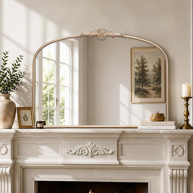 Besdomus Vintage Arched Gold Mirror: 40"x29" Large Champagne Decorative | Antique Baroque Metal Frame Mirrors - Traditional Ornate for Entryway/Dresser/Fireplace/Bathroom - Ideal for Home Renovations