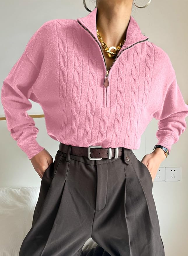 Dokotoo Women's Sweaters 2026 Fall Winter Quarter Zip Ribbed Cable Knit | Long Sleeve,Polo Neck,Lightweight Knit Pullover,Soft Comfy Tops,Casual Trendy Outfits,Fashion Clothing