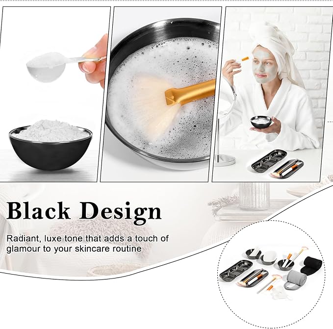 28 Black Facial Supplies 3 Facial Mask Mixing Bowls 3 Facial Fan Brushes 3 Mask Applicator Brushes 3 Mask Measuring Spoons Skincare Tray 3-Compartment Serving Tray 12 Facial Sponges 2 Spa Headbands