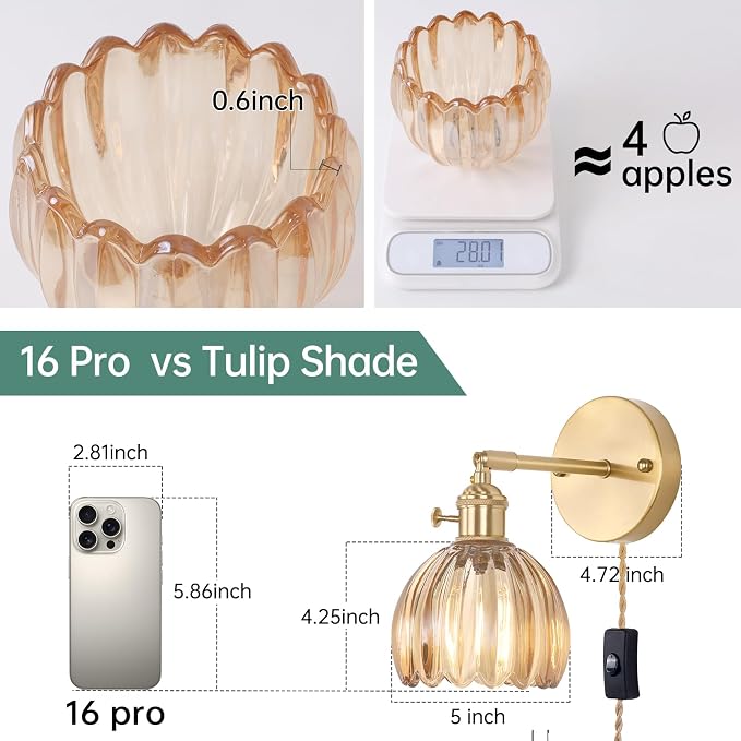 Shenmoyl Plug in Wall Sconce, Amber Tulip Glass Lampshade Wall Light Plugin Corded for Bedside Bedroom Doorway, 2 Pack