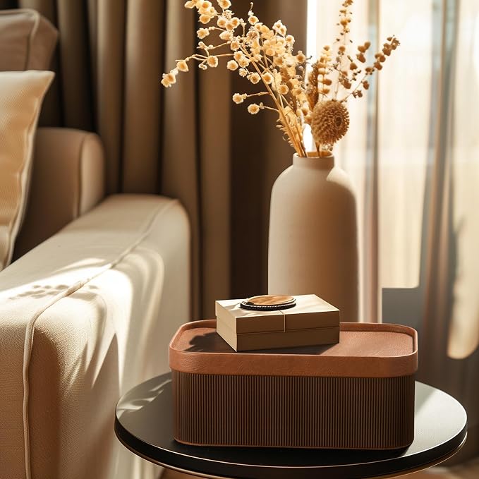 La Jolie Maison Decorative Storage Boxes with Lids Faux Leather, 3 Pack | Chestnut Vegan Leather Lids, Fluted Cardboard Storage Basket, Organizer for Shelves, Bedroom & Closet Storage Memory Box