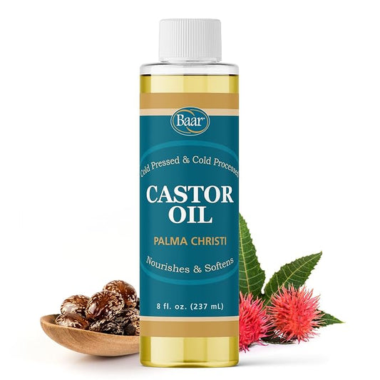 Baar Cold-Pressed Castor Oil, Cold-Processed, Hexane-Free, Palma Christi, for Skin, Hair, Massage & Castor Oil Packs, BPA-Free Bottle, 8 oz.