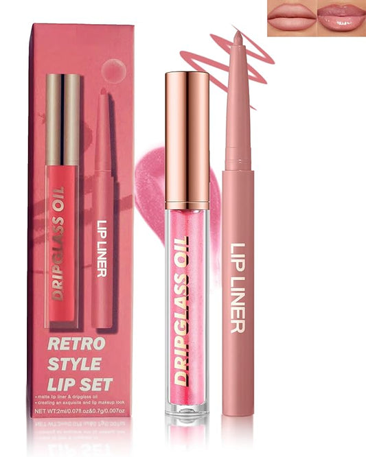 Matte Nude Pink Lip Liner Lipstick&Hydrating Glitter Lip Oil Combo Set,Moisturizing Plumping Lips Gloss&Smooth Lipliner Liquid Lipstick Long Lasting,2 in 1 Women Tinted Liptint Stain Balm Makeup-01