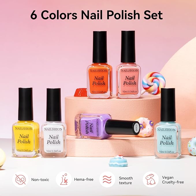Pastel Candy Nail Polish Set: 6 Dopamine Colors Orange Quick Dry Regular Nail Polish Pack, Vegan Cruelty-free, Rich in Castor Oil, Holiday Party Nail Art DIY Home Travel Manicure Gift