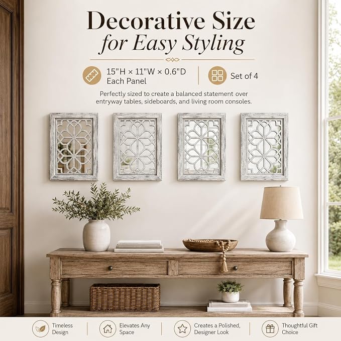 Set of 4 11x15 Inch Rectangular Shatterproof Grey Decorative Wall Mirrors, Boho Farmhouse Rustic Vintage Accent Mirrors for Living Room Bedroom Entryway & Home Decor