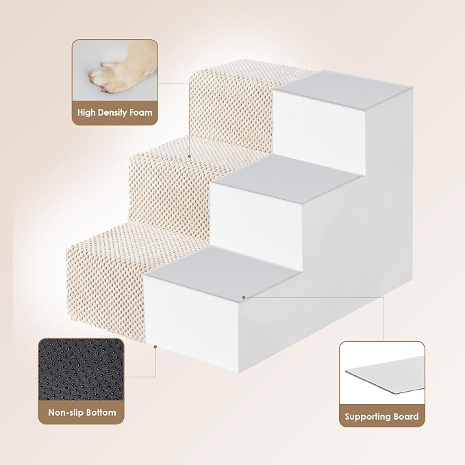 EHEYCIGA Dog Stairs for Small Dogs 13.5" H, 3-Step Extra Wide Dog Steps for Couch Sofa and Chair, Pet Steps for Medium Cats, Non-Slip Balanced Pet Ramp Indoor, Beige