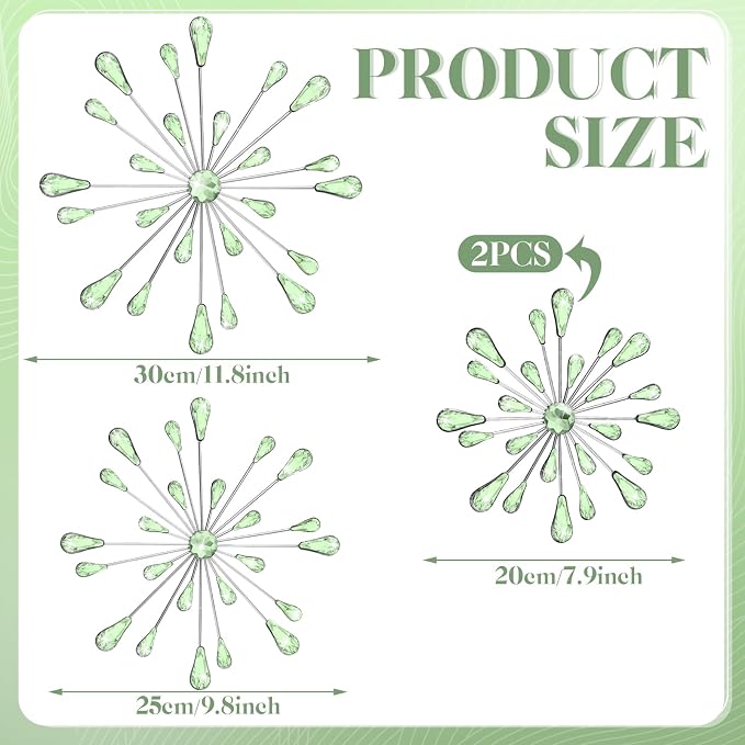 Hicarer 4 Pcs Starburst Wall Decor Bling Wall Art Crystal Teardrop 3D Hanging Rhinestone Radial Metal Artwork Modern Accent Sculptures Decorations for Living Room Home Office Bedroom(Green)