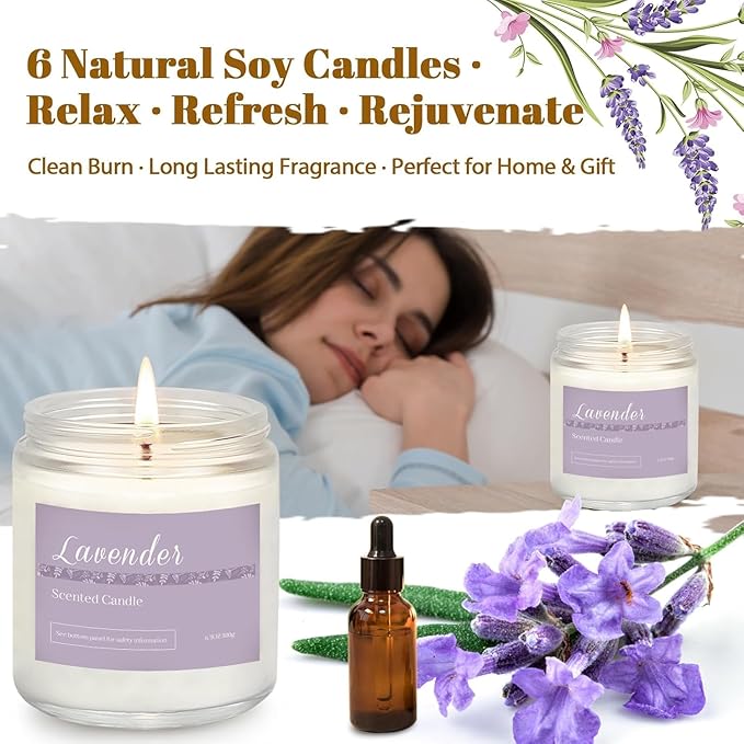 Scented Candles Gift Set, Long Lasting 6 Pack Aromatherapy Candles for Home, 42 oz 300 Hour Burn, Lavender Jasmine Vanilla Sage Sandalwood Rose Eucalyptus Mint, Gifts for Women