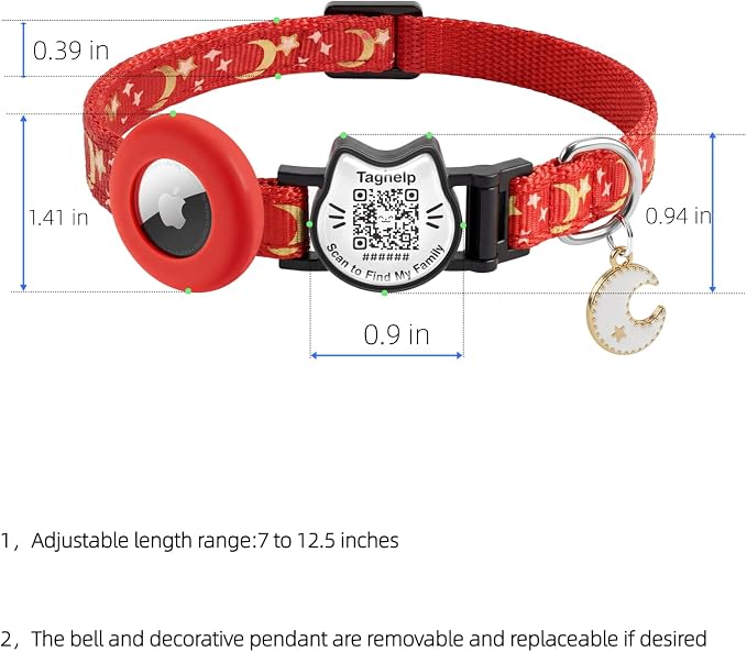Smart QR Code Cat Collar with Built-in AirTag Holder, Breakaway Adjustable Kitten Collar with Stars and Moon & Glow Pendant, Safety Pet ID Collar for Cats(Red)
