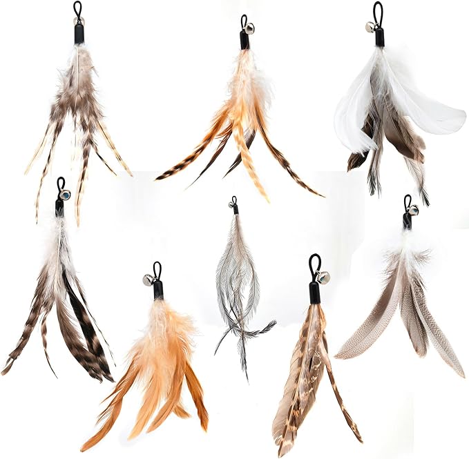 miwoowim 8PCS Natural Unstained Feather Refills for Cat Teaser Wand Toys | Handcrafted, non-toxic attachments with bells. Standard replacement fits most wands easily.interactive kitty teaser heads