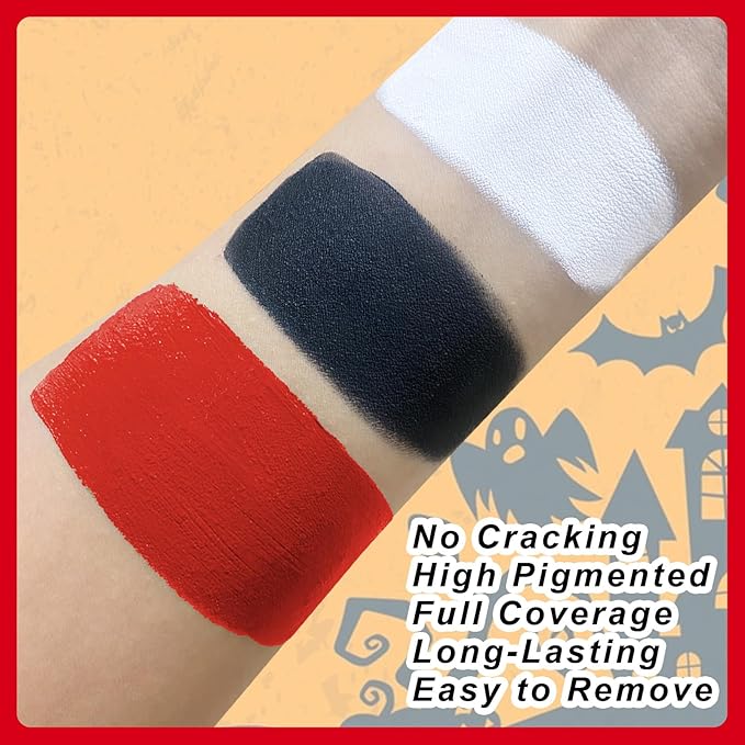 Black White Red Face Paint + 3PC Sponge + Brush,3 Colors Water-Based Red Body Paint Palette Kit for Devil Goths Joker Clown Vampire Skeleton,Halloween Cosplay SFX Makeup 21g