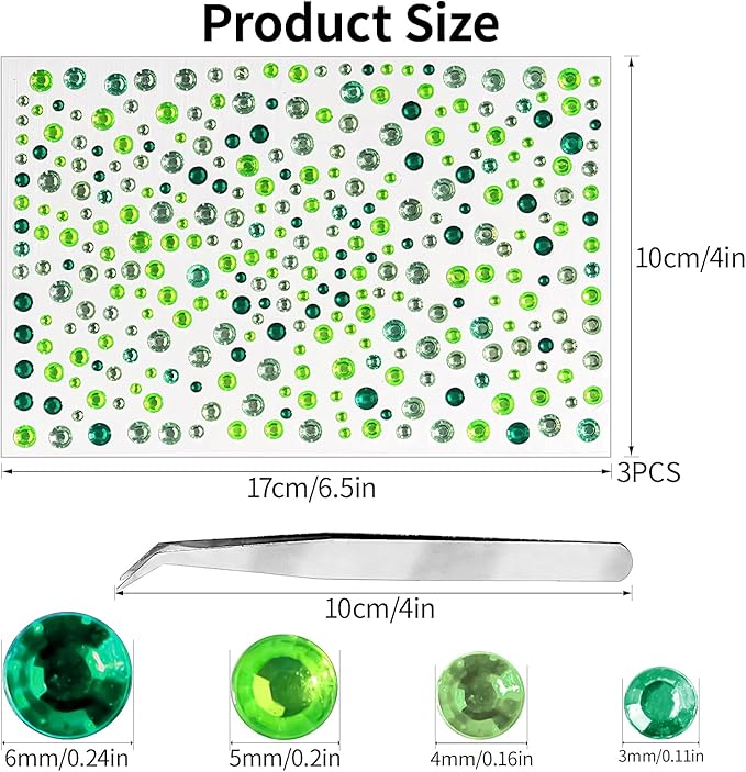 975PCS Gem Stickers Jewels for Crafts Face Gems 3/4/5/6MM Hair Nails Craft DIY Decor Makeup Stick on Body Crystal Clear Crystal Face Jewels for Women Face Gems 3Sheets (Geen)