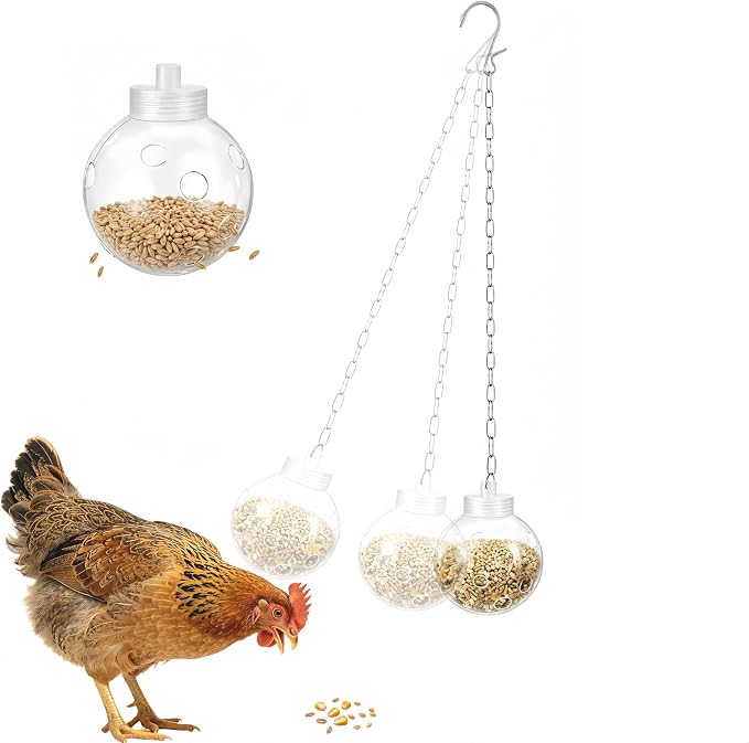 2pcs Chicken Treat Dispenser Toy,Interactive Slow Feeder Hanging Ball with Chain,Chicken Pecking Foraging Enrichment Toy, Coop Accessories for Hens Poultry Duck Birds Parrots (1)