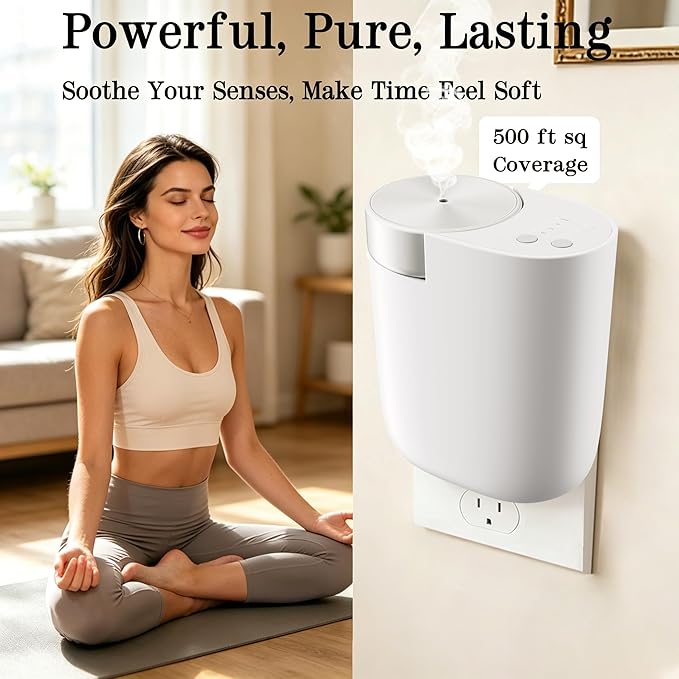 Waterless Diffuser for Essential Oil, Plug in Wall Scent Diffuser for Home, Quiet Cold Air Aromatherapy Diffuser with 500 Sq Ft Coverage, Includes 2×30ml Hotel-Inspired Oils (Pure White)