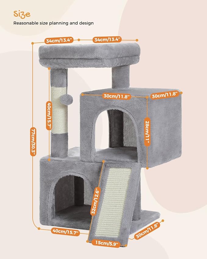PAWZ Road 30" Cat Tower, Small Cat Tree with 2 Condos for Indoor Cats | cat trees for small cats,cat houses with scratching ramp and posts,dual condos&top perch for multi-cat