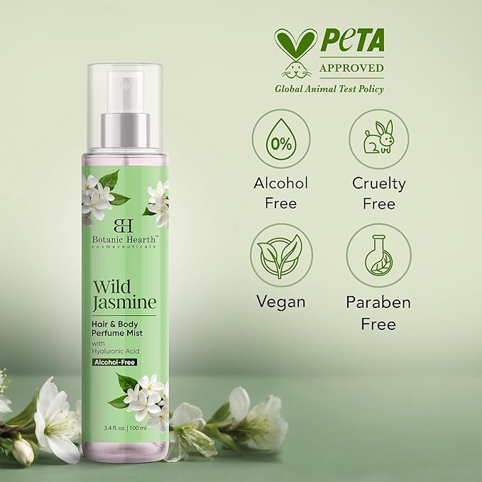 Botanic Hearth Jasmine Hair Perfume & Body Mist, Long-Lasting Hair Deodorizer & Body Scent for Women & Men, Alcohol-Free Clean Fragrance Hair Spray For Everyday Wear, All Day Freshness, 3.4 Fl Oz