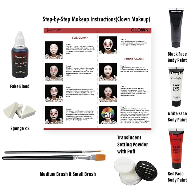 Clown Halloween Makeup Kit,Black Red White Face Paint with Dripping Fake Blood, Body Paint for Joker Devil Vampire Scary Clown Cosplay,Professional SFX Makeup Kit with Setting Powder for Kids