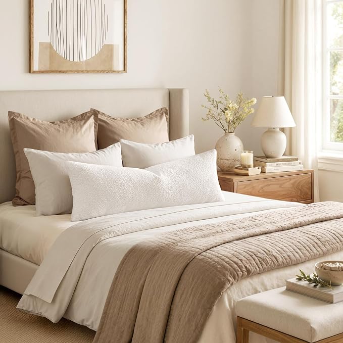 MIULEE Textured Boucle Lumbar Pillow Cover for Bed 14x36 White | Pack of 1 Textured Neutral Couch Throw Pillow Cover, Accent Solid Long Body Pillowcase, Sofa Living Room Home Decor