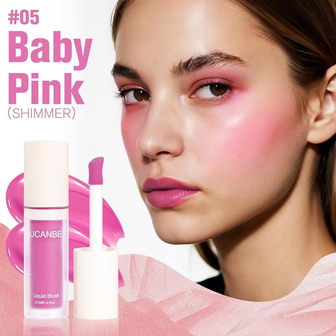 Dewy Liquid Blush for Cheeks, High Pigment Buildable Cream Blush, Long-Lasting Natural Glow - Hydrating Formula Lightweight Makeup Radiant Flushed Cheeks (05 Baby Pink)