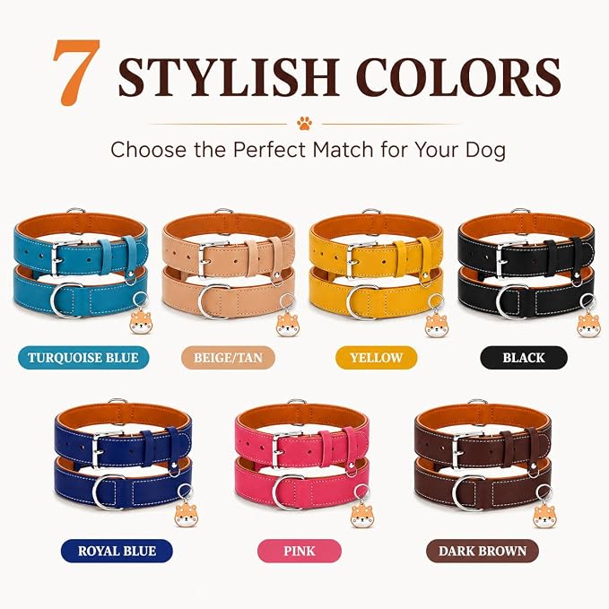 Genuine Leather Dog Collar, Soft Padded Leather Dog Collars with Airtag Holder Case for Small Medium Large X-Large Dogs,Comfort Heavy Duty Pet Collar with Durable Metal Buckle & D-Ring-Light Yellow/S