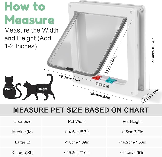 Cat Door for Interior/Exterior Doors and Walls (XL) | 4-Way Locking Option, Weatherproof & Secure Cat Flap with Easy Installation Kit