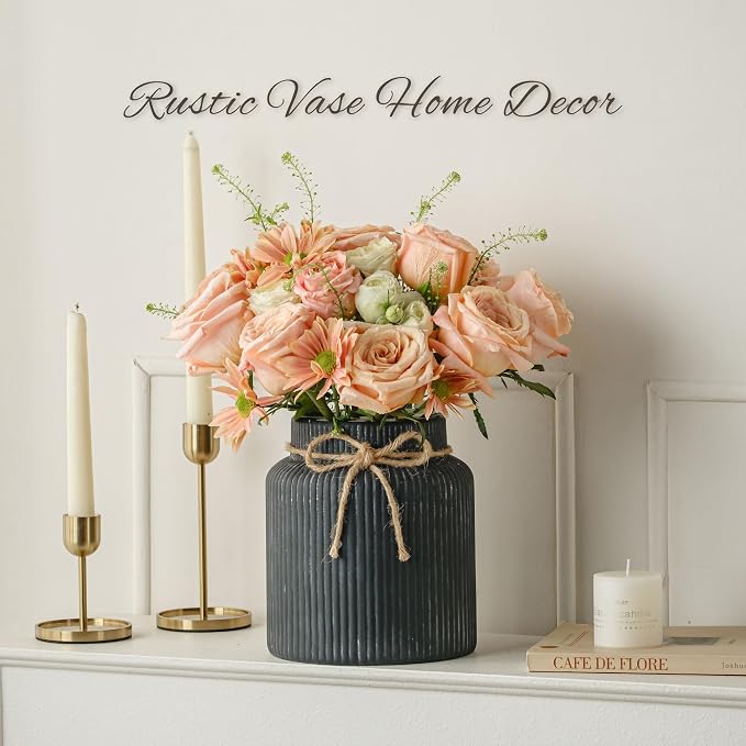 Rustic Ceramic Flower Vase, 7.2in Vintage Black Ribbed Vases for Home Decor | Farmhouse Decorative Terracotta Vases Wide Mouth Vase for Bedroom Living Room Table Centerpieces Shelf Cabinet Decorations