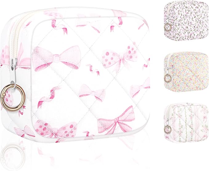 Period Bag for Teen Girls, Quilted Sanitary Napkin Storage Bag, Cute Menstrual Pad Pouch Tampon Holder (Pink Bow)