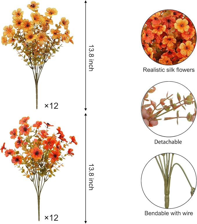 24 Pcs Artificial Fall Flowers, Fake Mums Outdoor, Mixed Orange | Lifelike faux mums, silk flower, UV resistant, no-maintenance, for autumn Thanksgiving garden porch yard indoor outdoor decor