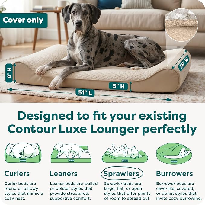 FurHaven Replacement Dog Bed Cover, Contour Luxe Lounger Design, Soft & Breathable Fabric for Cozy Comfort, Machine Washable, Jumbo Plus XXL, Ultra Plush Faux Fur & Suede, Cream