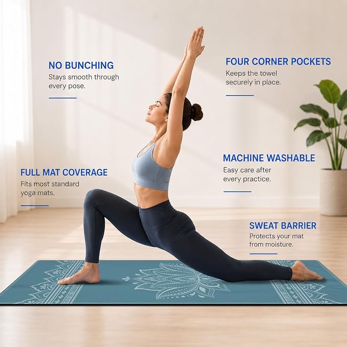 Yoga Mat Towel, Hot Yoga Non Slip with 4 Corner Pockets, 74 x 26 in | Soft Absorbent Microfiber With Four Corner Pockets, Fits Over Yoga Mats For Hot Yoga, Pilates, Gym, And Travel