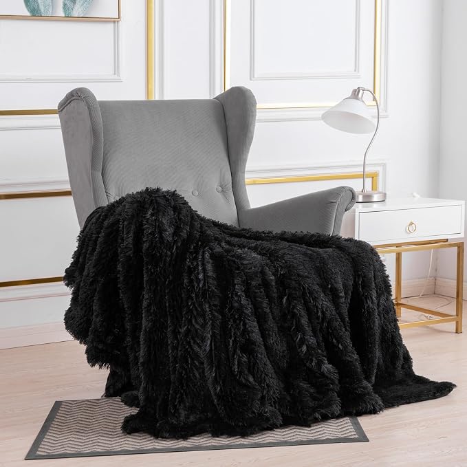 YUSOKI Long Faux Fur Twin Size Blanket, Black, 60" x 80" | Ultra Soft, Lightweight for All Season Use, stays fluffy after repeated washes, Perfect Gifts, Machine Washable