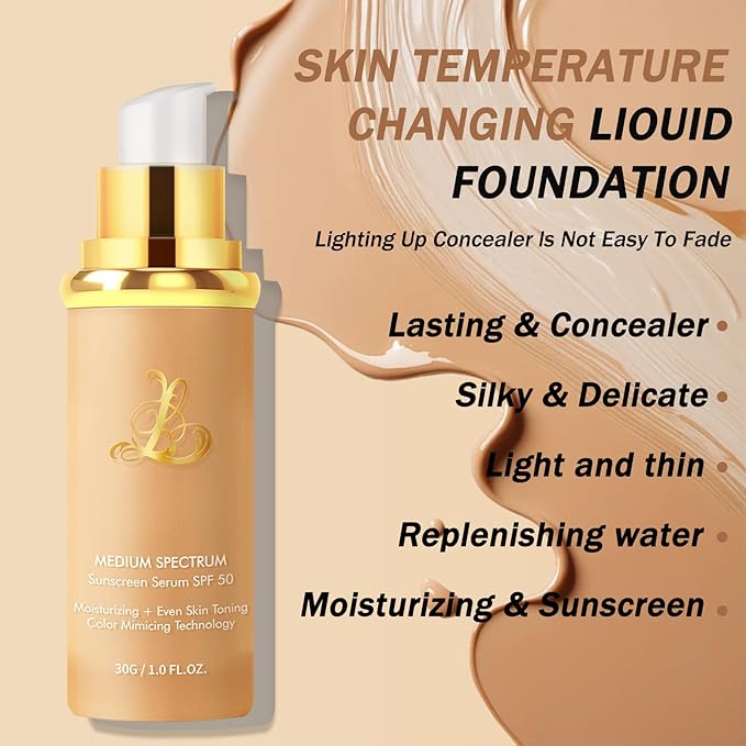 Foundation 4 in 1 - Medium Spectrum with SPF 50+, Color Changing Foundation, Hydrating Color Changing Foundation Makeup, Concealer, Sun Protection, Longwearing & Waterproof for All Skin Types
