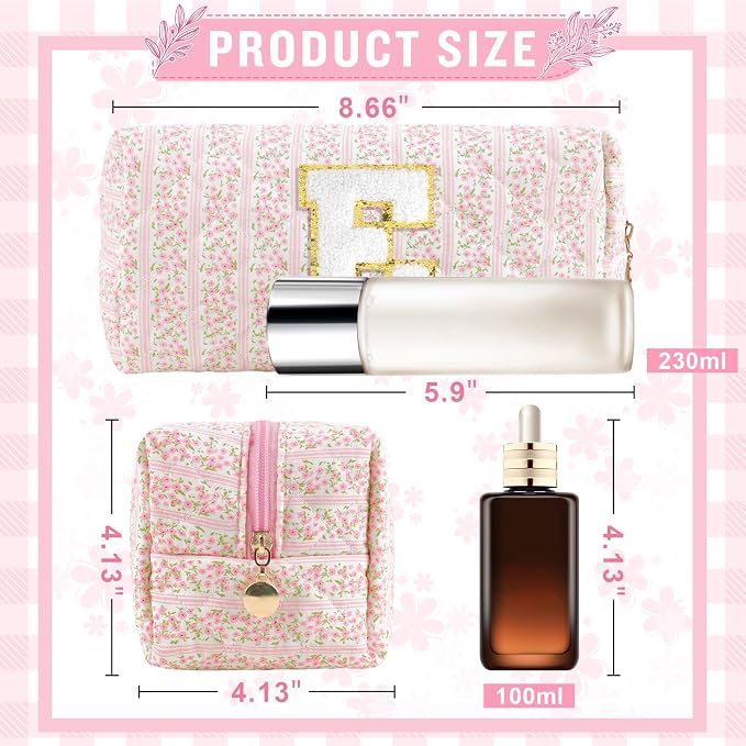 Personalized Quilted Cosmetic Bag, Puffy Monogrammed Christmas Birthday Gifts for Women & Girls, Cute initial Floral Makeup Bag Puffer Coquette Bag, Aesthetic Travel Toiletry Zipper Pouch(Pink,E)