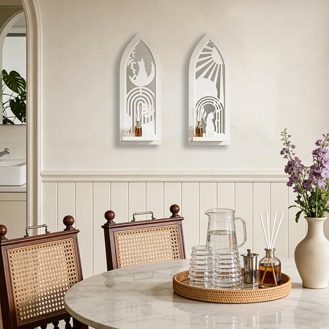 ZEXUIRU 2 Set Rustic Candle Sconces Living Room Bedroom Entryway Wood Mirrored, Farmhouse, Carved Frame Wall-Mount Wooden Candle Holders Wall Decor Hanging Handmade Holder - Distressed White