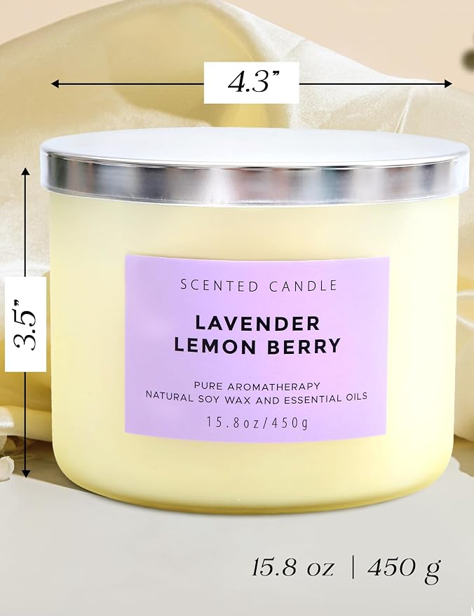 Lavender Lemon Berry 3-Wick Soy Aromatherapy Candle for Women, 15.8 oz | Ylang-Ylang, Cedar & Violet Notes, Calming Floral Lemon Home Scent, Clean Burn, Bedroom, Bath & Spa, Gift for Her & Mom